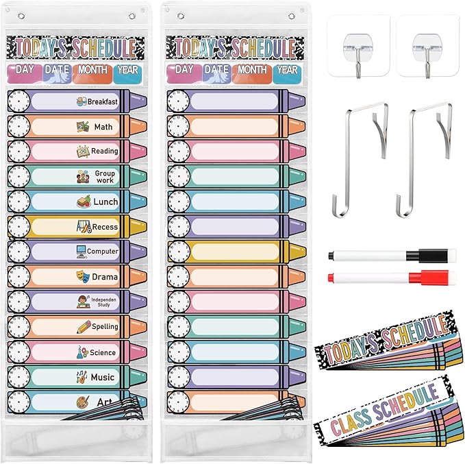 Gueevin Daily Schedule Pocket Chart for Classroom, 15+1 Pockets with 32 Pcs Double-Sided Reusable Cards Daily Schedule Pocket Chart Decor for Classroom School Home Activity Office Supplies(Crayon)