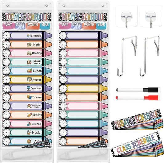 Gueevin Daily Schedule Pocket Chart for Classroom, 15+1 Pockets with 32 Pcs Double-Sided Reusable Cards Daily Schedule Pocket Chart Decor for Classroom School Home Activity Office Supplies(Crayon)