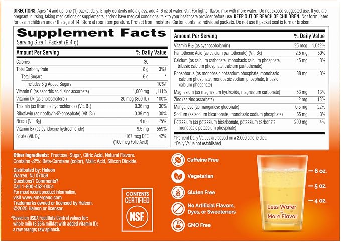 Emergen-C 1000mg Vitamin C Immune Support Powder Tangerine 30CT includes Zinc, Manganese, 7 B Vitamins and Electrolytes for Back to School Essentials
