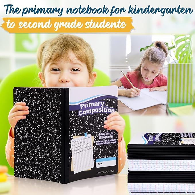 Watersay 60 Pack Primary Ruled Composition Notebook, Grade K-2 Journal 50 Sheets, 7-1/2" x 9-3/4" Primary Composition Book Writing Notebook for Kids Kindergarten Preschool 1st 2nd Grad (Black)