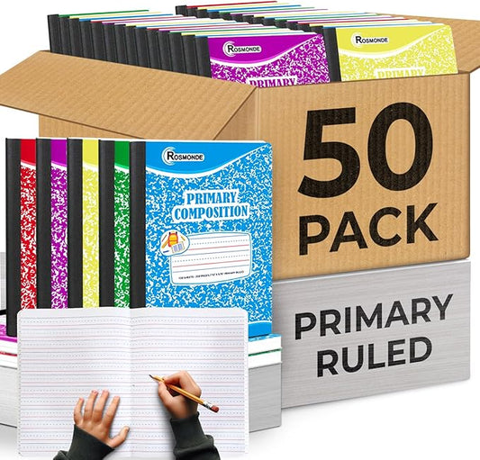 Rosmonde 50 Pack Bulk Primary Composition Notebooks, 200 Pages (100 Sheets), 9-3/4" x 7-1/2", Grades K-2, Primary Ruled Composition Notebook, Bulk Writing Journal, Hardcover, Assorted Marble