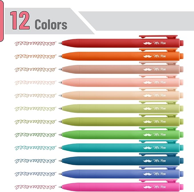 Mr. Pen- Retractable Gel Pens, 12 Pack, Assorted Color Inks, Fine Point 0.7mm, Fast Dry, Smooth Writing, Cute Pens for Drawing, Writing Planner and School Supplies