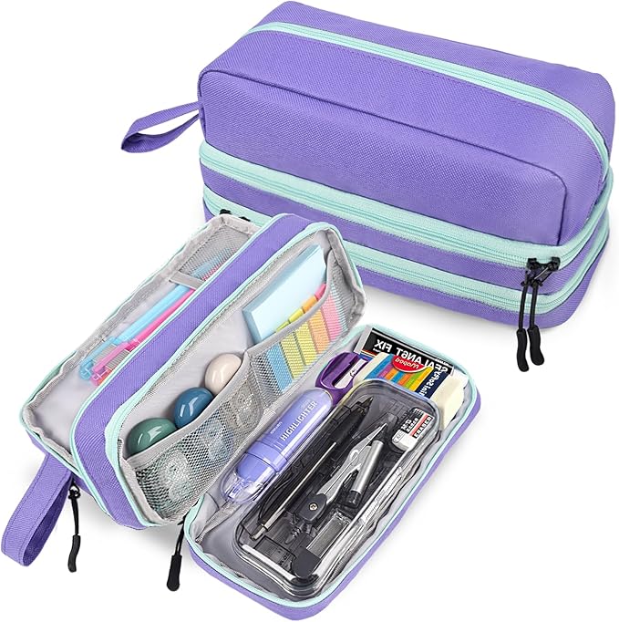 Genteen Large Capacity Pencil Case,Multifunction Pencil Pouch,Pencil Bags with Zipper 3 Compartments Pencil case organizer for or School Teen Girl Boy Men Women(Purple