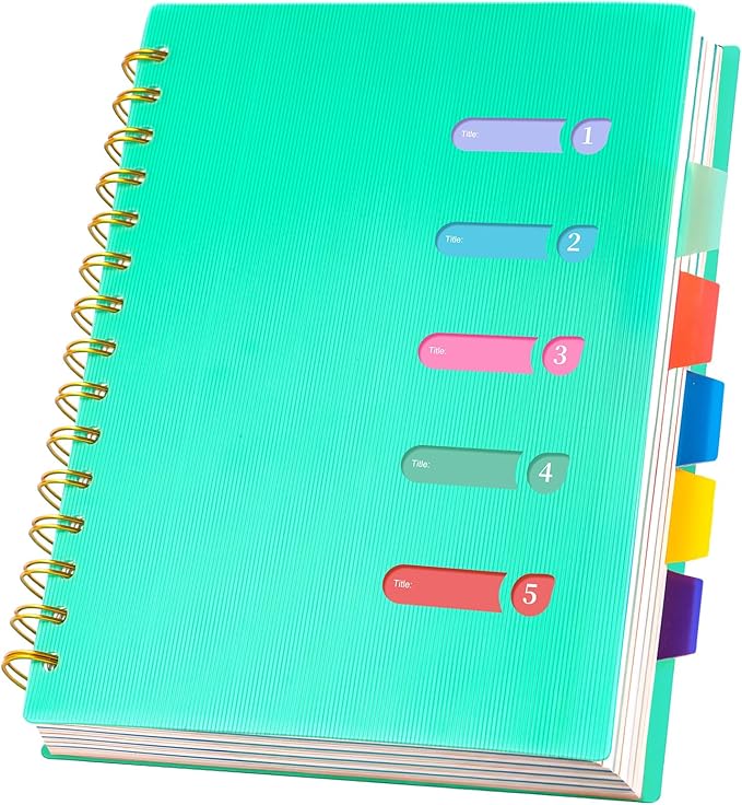 Yoment 5 Subject Notebook College Ruled Small Spiral Notebook 5x7 with Removable Dividers 270 Pages Notebooks for Work Multi Subject Notebook for Note Taking School, A5 Green