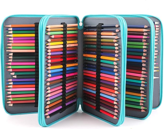 Vomgomfom 200 Slots Pencil Bag, 4-Layer Zipper Portable Art Supply Organizer, PU Leather Large Capacity Colored Pencil Case with Handle for 200 Watercolor Pens, Gel Pens (Green)