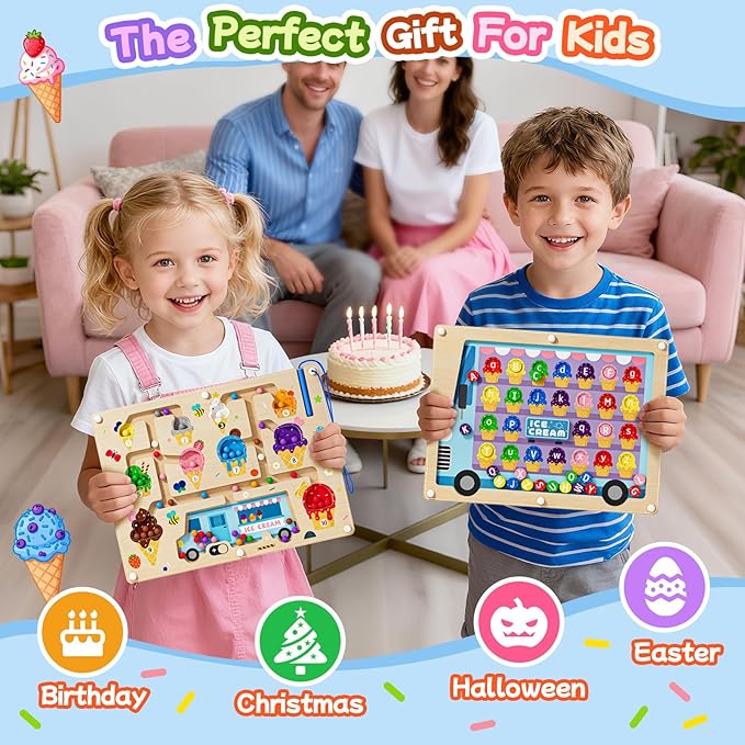 2 in 1 Magnetic Color and Number Maze Double-Sided ABC Alphabet Puzzles Board Magnet Dinosaur Counting Maze Preschool Learning Montessori Education 3 4 5 Years Toys (Ice Cream, One Size)