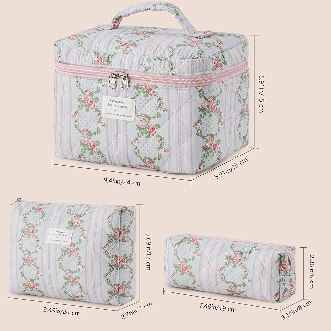 HBselect Quilted Makeup Bag, 3Pcs Cotton Large Travel Makeup Bags Organizer | Cute Floral Make up Bag Cosmetic Bag Toiletry Bag for Women Girls, Makeup Pouch for Skincare, Brushes & Travel Essentials