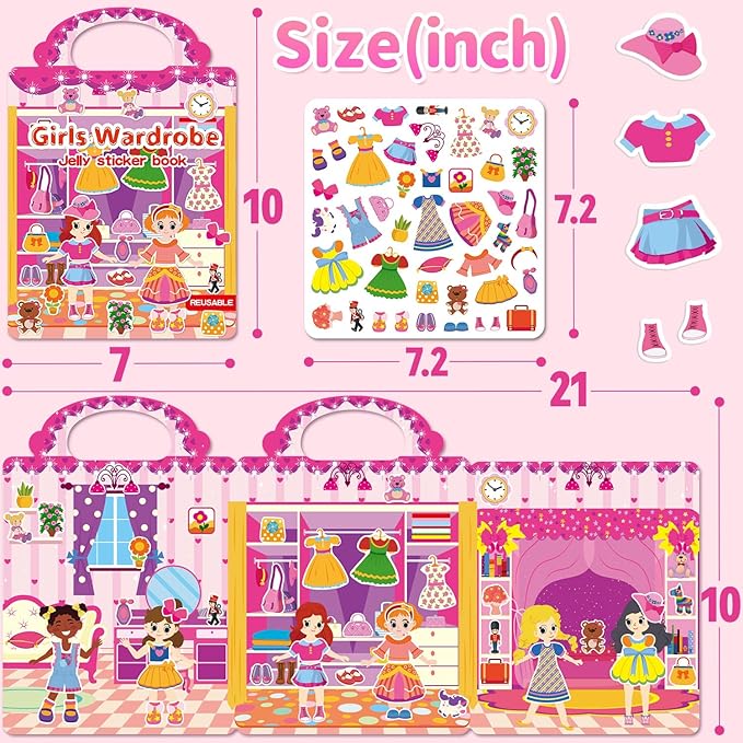 6 Sets Reusable Sticker Book for Girls 3-6, Jelly Sticker Books for Toddler, Travel Sticker Activity Toys for Kids 3 4 5 6 Years Old Girls (Girl Theme)