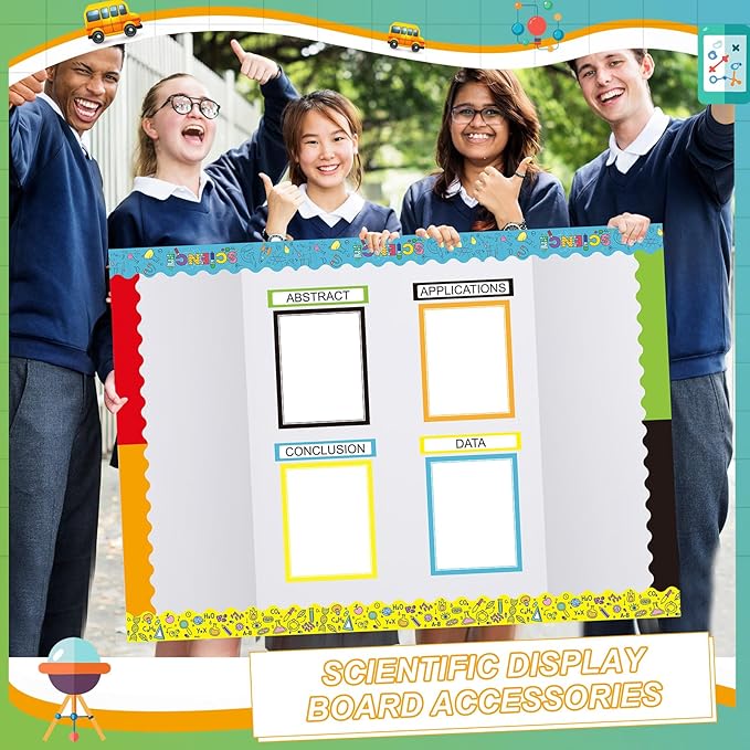 Fuyoooo 90 Pcs Science Fair Board Supplies 60 Trim Scalloped Bulletin Borders 24 Presentation Board Subtitles 6 Science Fair Titles for Classroom Display Boards (Colorful, Scientific Lab)
