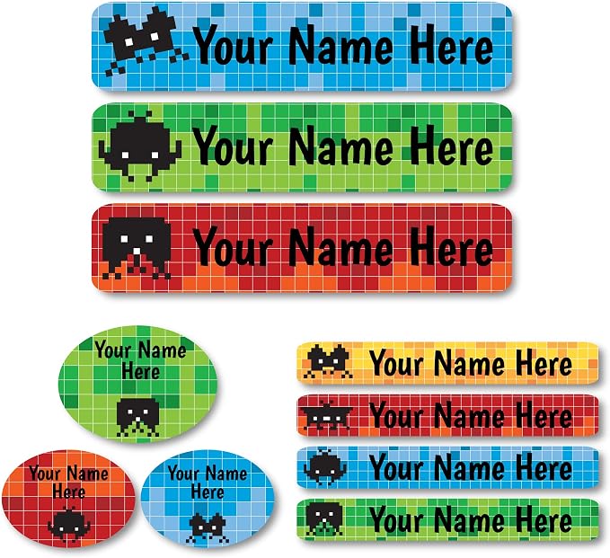 Lovable Labels Personalized Labels for Kids (85 Labels/Pack) - 3 Label Sizes Waterproof Dishwasher Safe Peel & Stick Labels for School Supplies Daycare Camp Clothing Bottles (Pixel World)