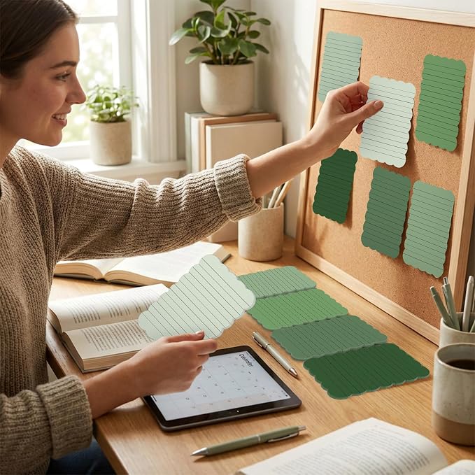 AnyDesign 12Pcs Scalloped Sage Green Sticky Notes 4 x 6 Inch Gradient Green Self Adhesive Lined Notepad Removable Memo Pad for Classroom Office Home School Party Supplies