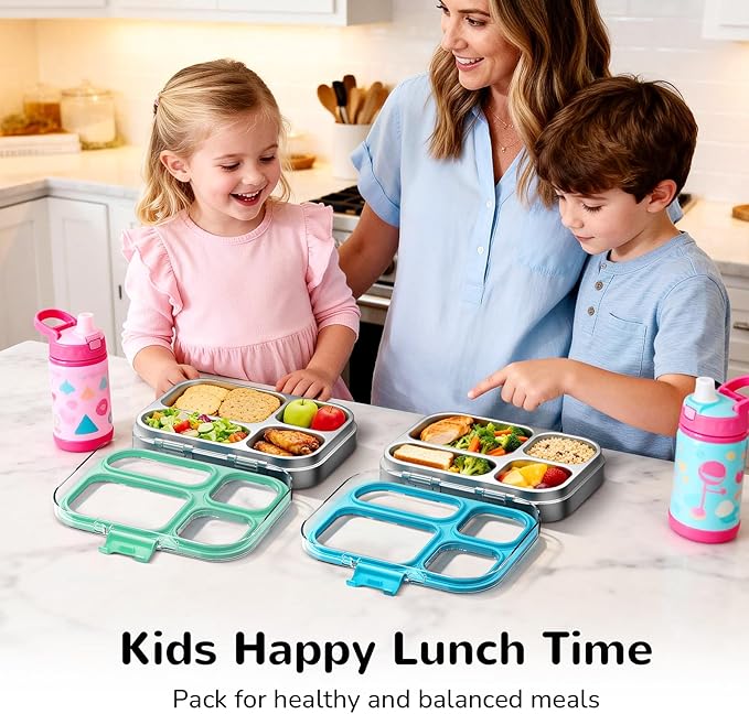G.a HOMEFAVOR Stainless Steel Lunch Box - 4 Compartments Bento Box for Kids, Leakproof Food Container for School, Office, Dishwasher Safe, BPA-Free, 800 ml/27 oz, Green