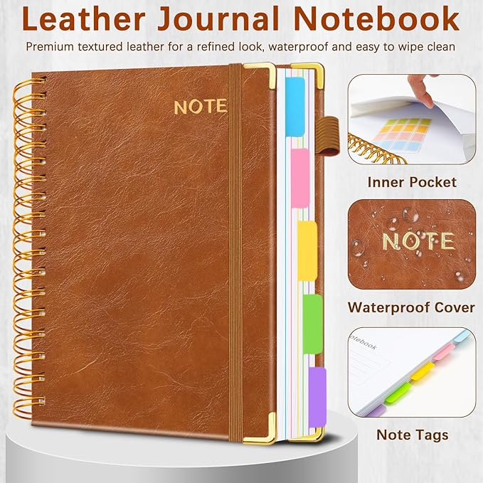 Hardcover Spiral Notebooks for Work 8''x 10'', 300 Pages 5 Subject Notebook with Dividers & Tabs, B5 Spiral Journal for Women, College Ruled Notebooks for School Note-Taking (Light Brown)