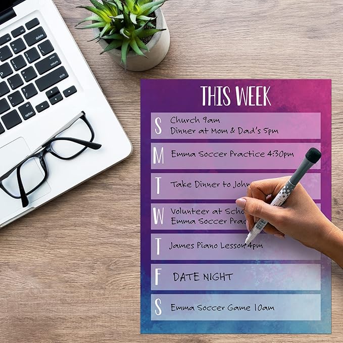 Dry Erase Weekly Calendar Planner Sticker Decal | Removable & Reusable | Magnetic Fine-Tip Marker Included (9 x 12 inches, Watercolor)