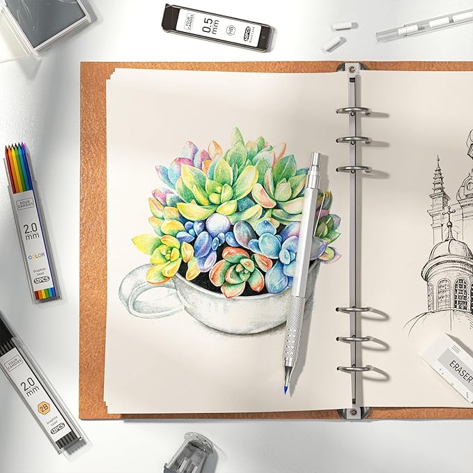 Four Candies Metal Mechanical Pencil Set, 4PCS 0.3, 0.5, 0.7, 0.9MM Mechanical Pencils & 2MM Drawing Pencil with 9 Tubes Lead Refills (4B 2B HB 2H Color) for Student Writing Artist Sketching - Silver