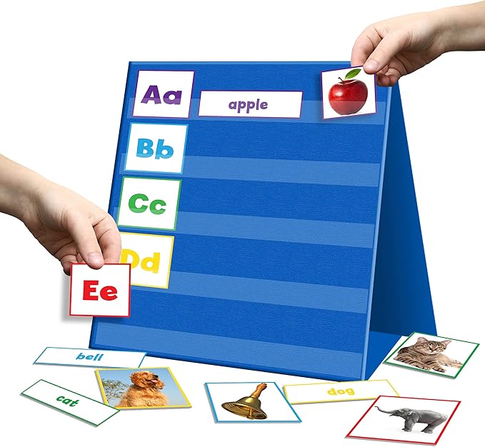 Tabletop Pocket Chart for Classroom, Small Double Sided Pocket Chart for Kids Learning at Home (Red-Blue)