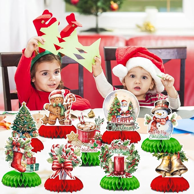 Christmas Party Centerpieces,9Pcs Christmas Honeycomb Centerpieces for Table,3D Vintage Xmas Table Decorations with Santa Claus,Christmas Tree,Snowman for Holiday Christmas Party Supplies