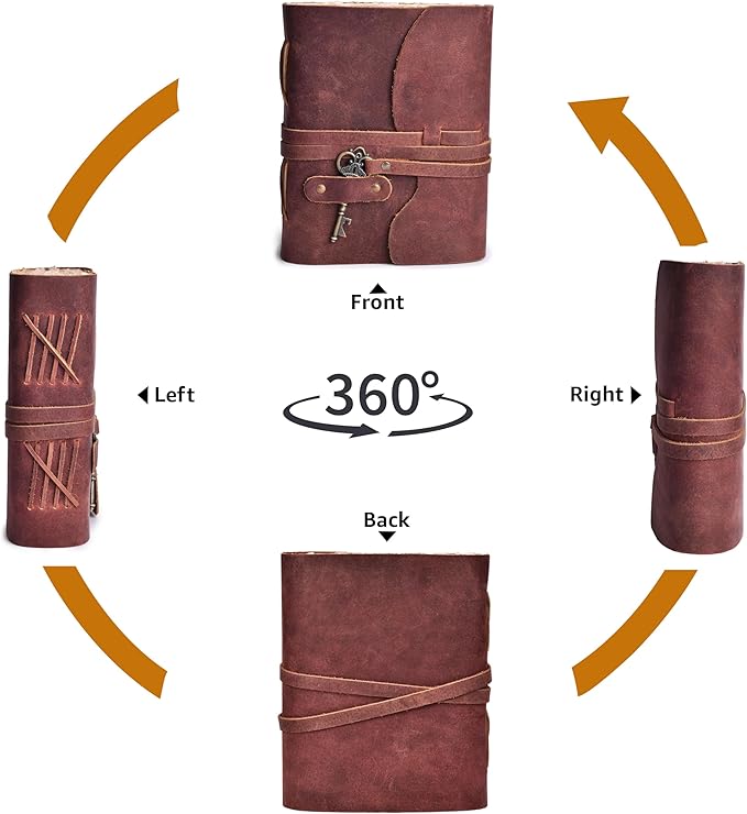 LEATHER VILLAGE Vintage Leather Journal – 200 Handmade Vintage Deckle Edge Paper – Leather bound Journal For Women Men – Vintage Key Closure - Book of Shadows - Red Brown - 13X8 inches