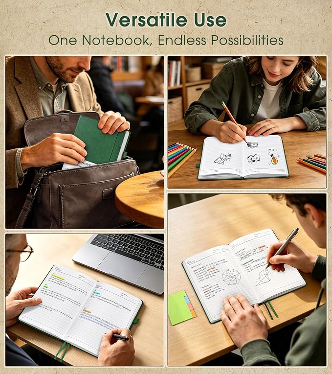 Lined Journal Notebook, A5 Hardcover Leather Journals for Writing, 160 Numbered Pages, 5.7'' x 8.3'' Journaling Notebooks for Men Women, Thick Paper College Ruled Journal for Work Office School, Green