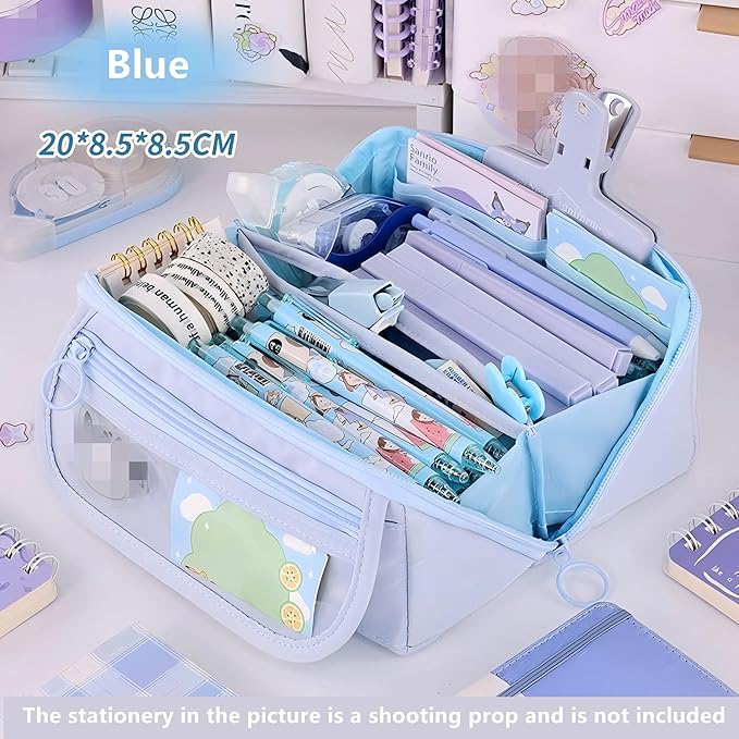 Pencil Case Pouch Box Cute Kawaii Large Capacity Aesthetic Zipper Pen Holder Organizer Bag for Kids (Z-Blue)