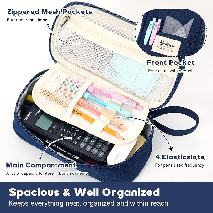 Pencil Case Pouch, Large Capacity Pen Bag Organizer, Cute Aesthetic Pencil Box for Girls Boys Kids, Back to School Supplies, Teacher Supplies Classroom Essentials, Navy Blue