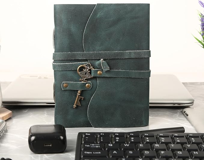Leather Journal with Deckle Edge Paper 8x6 inch and Vintage Key | Handmade Writing Notebook Diary | Bound Daily Notepad for Men & Women Medium, Sketch/Writing pad for Artists