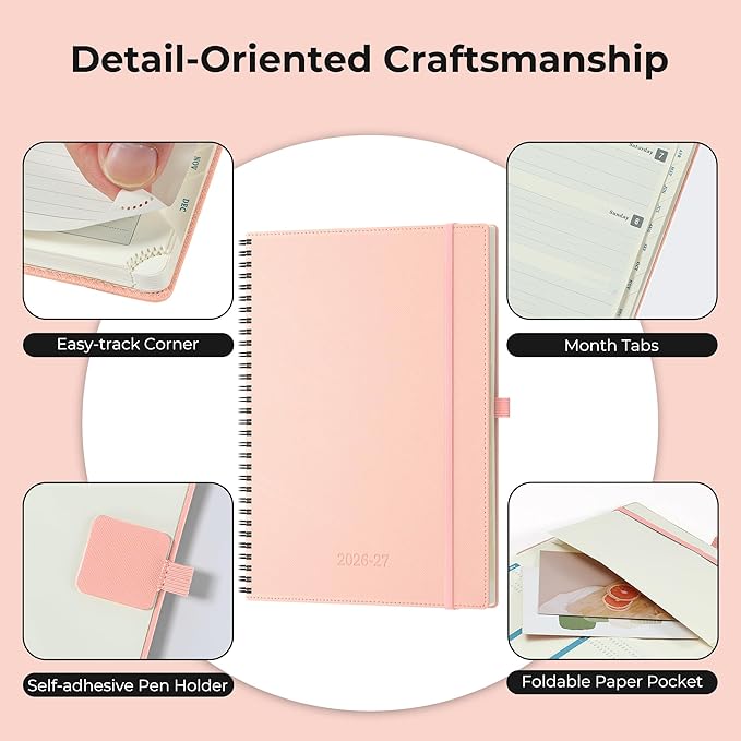 Planner 2026-2027 Daily Weekly and Monthly,11.5"x8.5",18 Months Spiral Bound Calendar Agenda with Self-adhesive Pen Holder,2026 Academic Plan with Vegan Leather Soft Cover,Pink