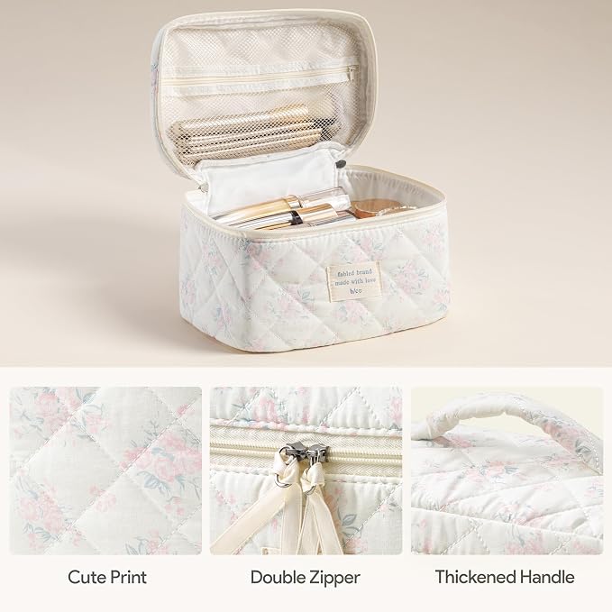 HBselect Quilted Makeup Bag, 3Pcs Cotton Large Travel Makeup Bags Organizer | Cute Floral Make up Bag Cosmetic Bag Toiletry Bag for Women Girls, Makeup Pouch for Skincare, Brushes & Travel Essentials