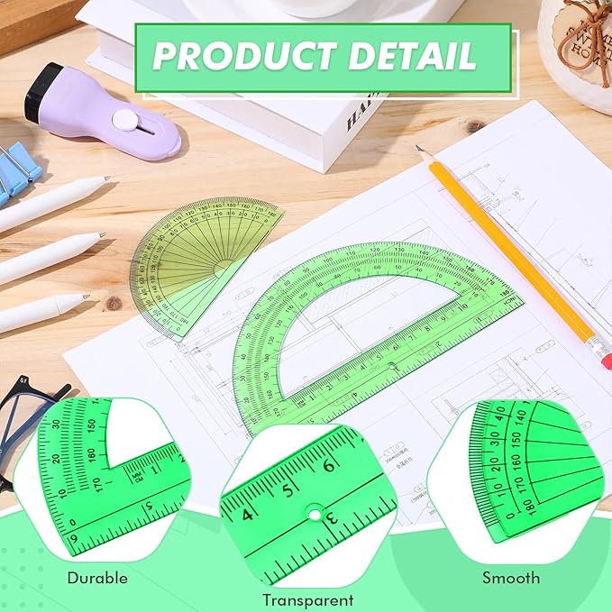 EBOOT 2 Pcs Plastic Protractor Clear 180 Degrees Transparent Protractor for Geometry, 4 Inch and 6 Inch(Green)