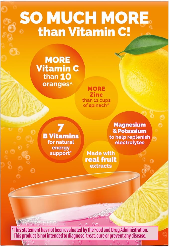 Emergen-C 1000mg Vitamin C Immune Support Powder Pink Lemonade 30CT includes Zinc, Manganese, 7 B Vitamins and Electrolytes for Back to School Essentials