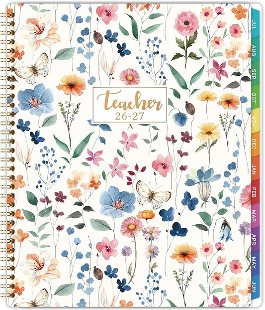Teacher Planner 2026-2027 - Teacher Lesson Planner 2026-2027, 8.5”x11”, July 2026 - June 2027, Teacher Planner Academic Year, Colorful Monthly Tabs, Holidays, Pocket - Floral