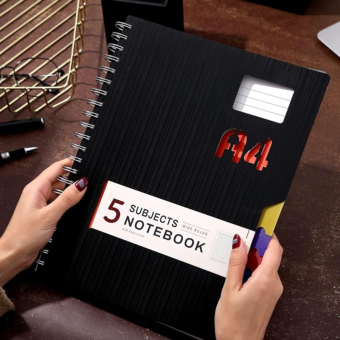 CAGIE 5 Subject Notebook with tabs 8.5'' x 11'', Hardcover Notebook with 5 Colored dividers, Spiral Notebook Wide Ruled for Work 262 Page, Multi-Subject Notebooks for School Office Supplies, Black