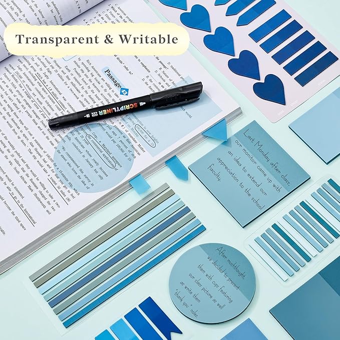 Temiary 1160 Sheets Transparent Sticky Notes with Pen, 3 x 3 Inch Waterproof See Through Clear Sticky Note with Index Tabs Set for Annotating Journaling, Bible Study Book Annotation (Blue)