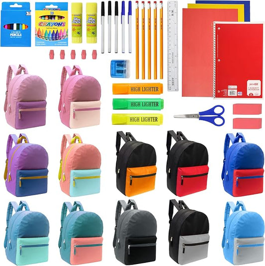 Moda West 17 Inch Bulk Backpacks with 50 Piece School Supply Kit - Case of 12 Wholesale Backpacks in Assorted Colors 6 Boy 6 Girl