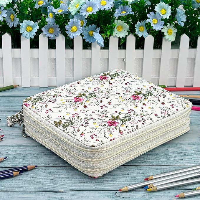 YOUNGCOL 120 Slots Colored Pencil Case Color Pencil Organizer Storage Large Capacity Pencil Case (White + Floral)