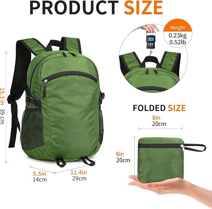 Small Hiking Backpack Travel Lightweight Hiking Packable Daypack Water-Resistant Foldable Backpacks 15L for Travel Women Men Camping (Deep Green)