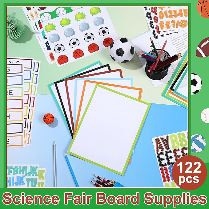 122 Pcs Science Fair Board Supplies 72 Sports Football Trim Scalloped Borders 36 Presentation Board Subtitle 6 Self Adhesive Project Title 8 Letter Sticker for Classroom Office Display Decor(Sports)