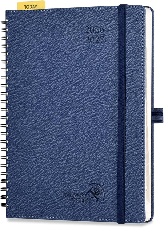 POPRUN 2026-2027 Academic Weekly Planner, 6.75" x 8.75" Horizontal Daily Book Calendar, July 2026 to June 2027, Softcover Appionment Book with Monthly Tabs, Spiral Bound, Inner-Pocket - Navy Blue
