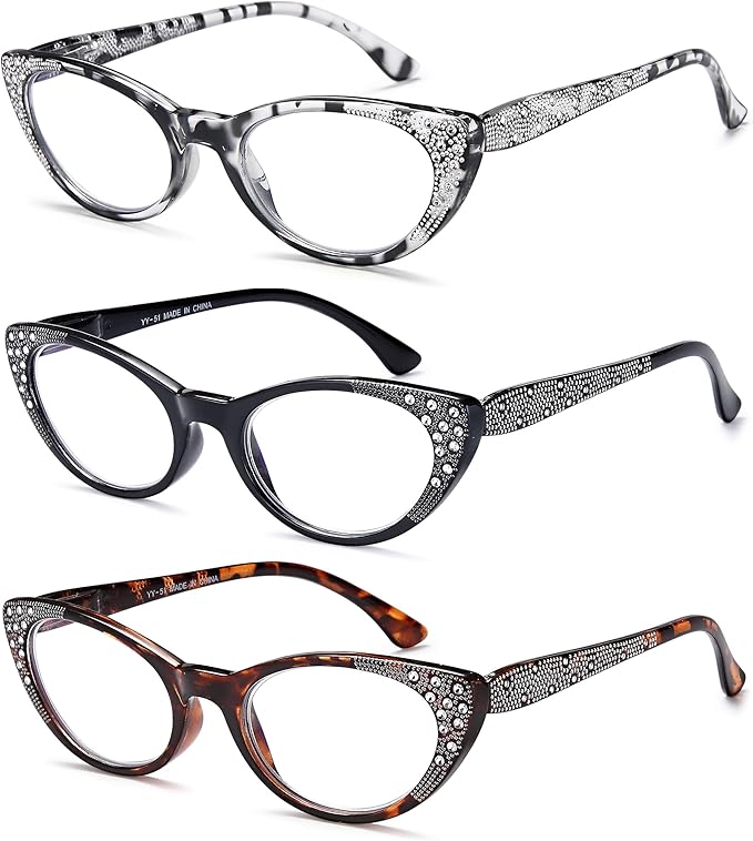 EYEURL 3-Pack Cat Eye Reading Glasses for Women Blue Light Blocking Computer Readers with Rhinestones Anti UV Rays Eyeglasses with Spring Hinges 2.75
