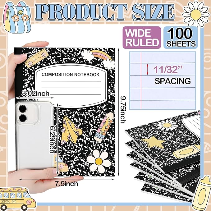 Eaasty Composition Notebook Wide Ruled Paper Assorted Marble Aesthetic Composition Notebook 100 Page 7.5" x 9.75" Journal Gift for Back to School First Day of School Students Teacher(3 Pcs,Classic)