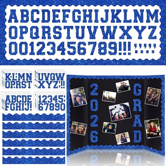 Blue 175 Pcs Graduation Photo Display Board Sticker Glitter Border Trim Alphabet Letter Number for 2026 Grad Party Trifold Poster Photo Display Event Displays Bulletin Board