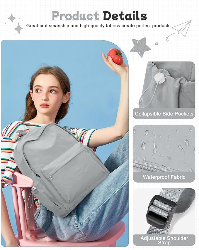 BJLFS Small Backpack for School Girls Kids Women, Grey Waterproof Bookbag Cute High School Back Pack for Men Teen Boys, Lightweight Travel College Backpack Mochilas Escolares para Daypack Rucksack