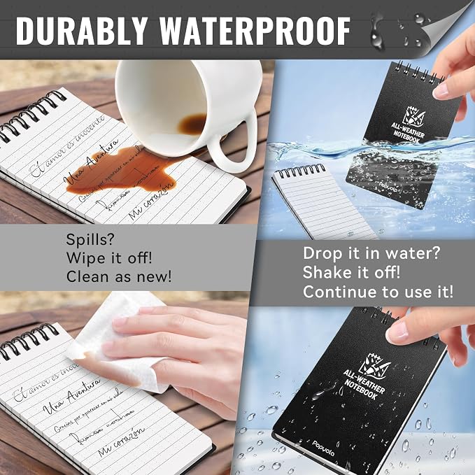 6 Pack Waterproof Pocket Notebook, 3" x 5" Top-Spiral Pocket Notepad