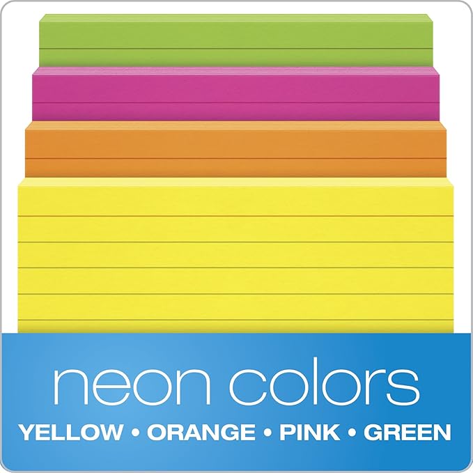 Oxford Neon Index Cards, 3" x 5", Ruled, Assorted Colors, 100 Per Pack (40279)