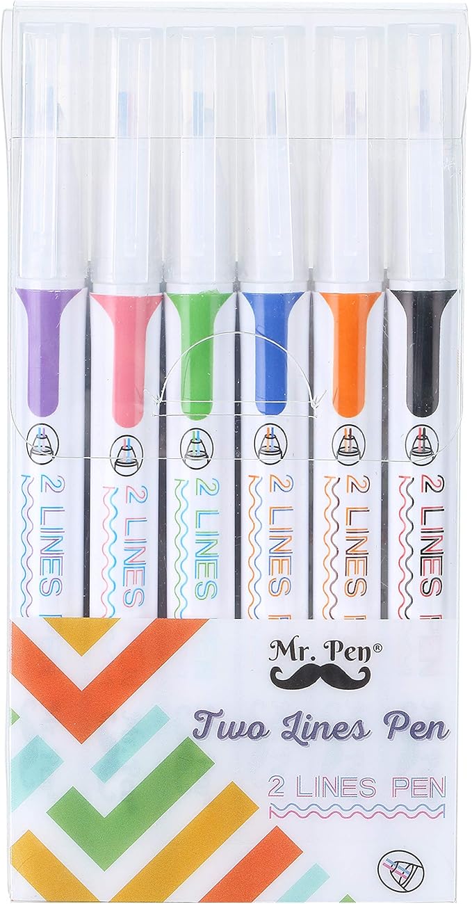 Mr. Pen- Double Line Pen, 6 Pack, Assorted Colors, Bible Journaling Pens, Outline Pen, 3-D Two Line Two Line Pens, Liner Pens for Drawing