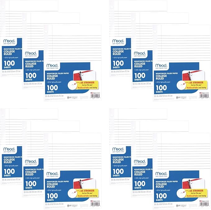 Mead Loose Leaf Paper, Filler Paper, Reinforced, College Ruled, 100 Sheets, 10-1/2" x 8", 3 Hole Punched, 12 Pack (72428)