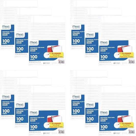 Mead Loose Leaf Paper, Filler Paper, Reinforced, College Ruled, 100 Sheets, 10-1/2" x 8", 3 Hole Punched, 12 Pack (72428)