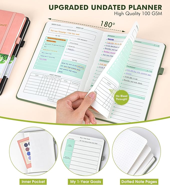 Undated Weekly and Monthly Planner, Hardcover Leather Calendar Blank Planner, Simplified To Do List Notebook with Goal & Habit Tracker Organizer, A5 Daily Weekly Planner for Work School Home, Green
