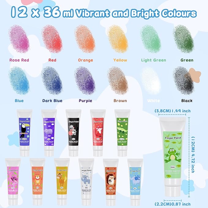 Washable Finger Paint for Toddlers 1-3, Non Toxic Kids Finger Paint Set, 12 Vibrant Colors (1.22 fl oz), Baby Safe Toddler Art Supplies, Sensory Preschool Learning Easter Gift for Boys Girls