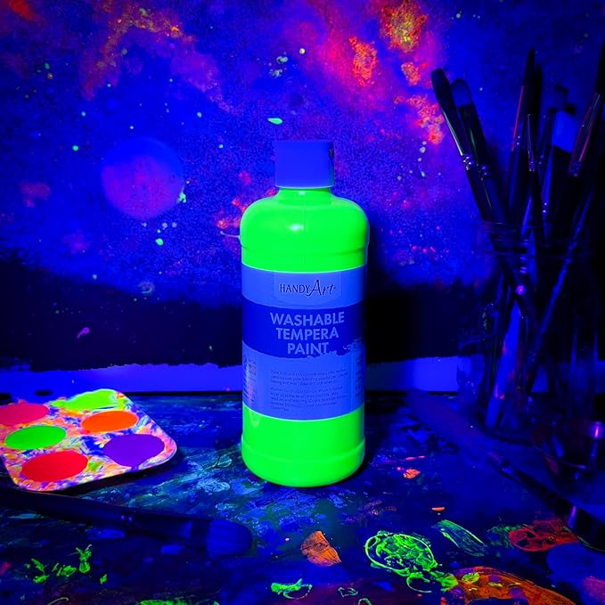 Handy Art Washable Tempera Paint, Fluorescent Green, 16 oz Bottle, Bright & Mixable, High Opacity, Glows UV Neon with Blacklight, Students, Kids, Young Artists, Safe & Non-Toxic, Made in USA